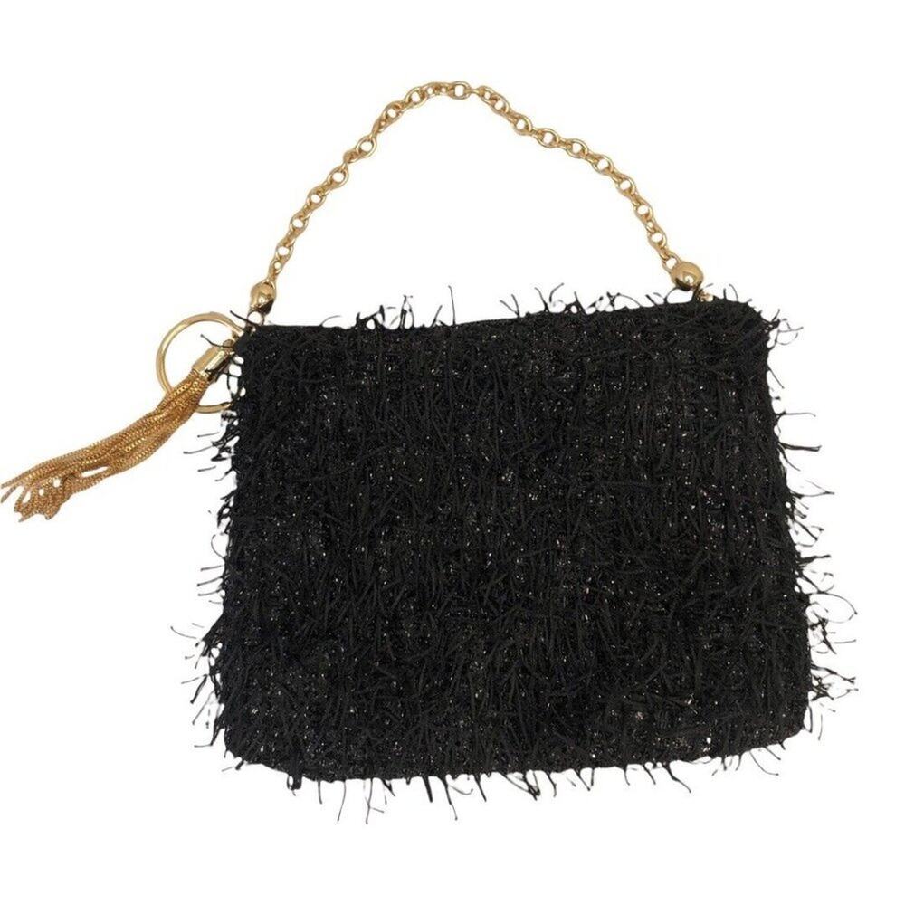 Badgley Mischka Feather black with gold hardware evening handbag